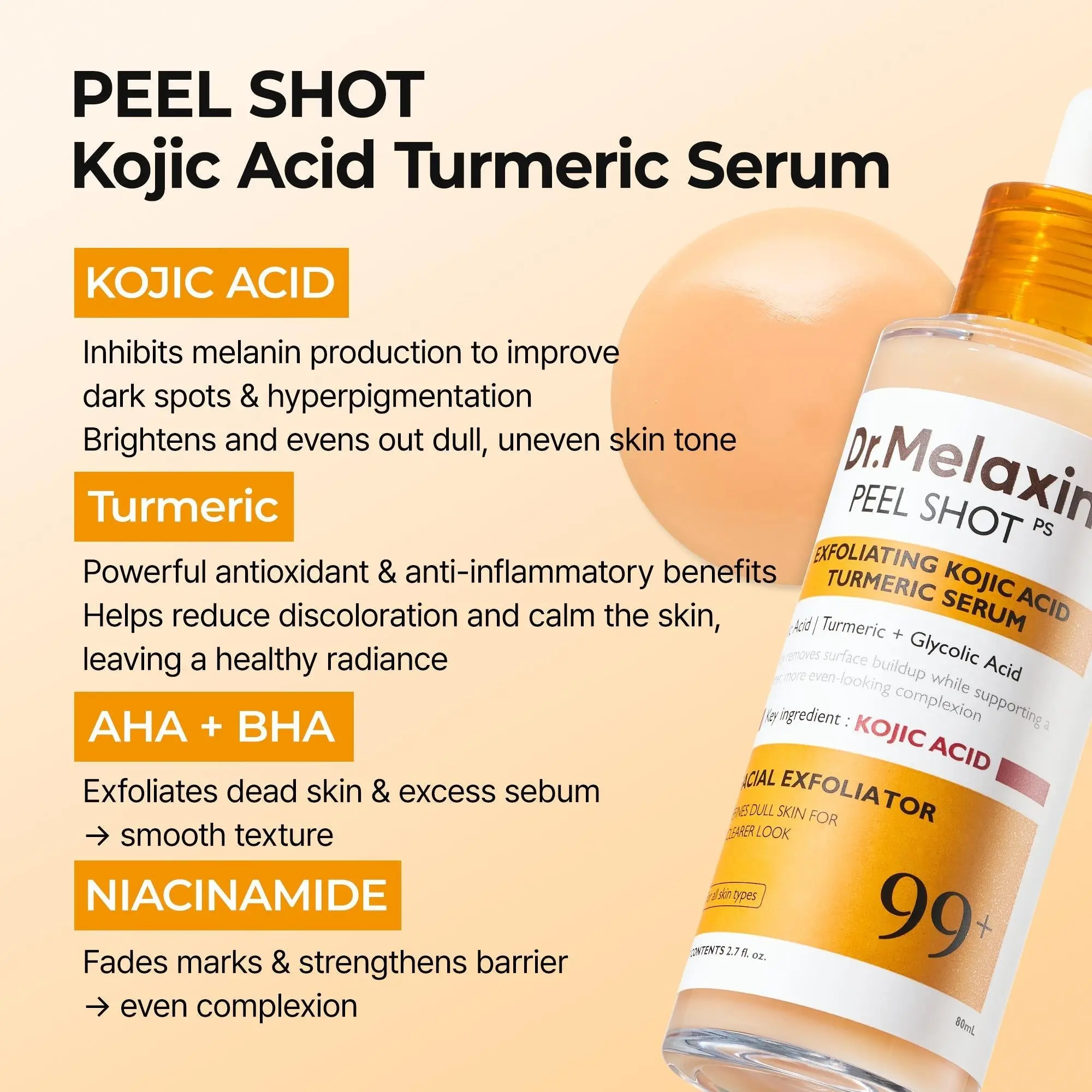 Dr. Melaxin Peel Shot Kojic Acid & Turmeric Exfoliating Serum – Brightening & Smoothing Care – 80 ml - Image 3