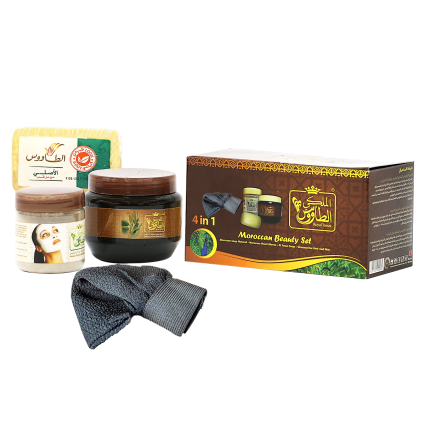 Al Taous Moroccan Beauty Set 4-in-1 – Black Soap, Kessa Glove, Ghasoul Clay Mask & Nourishing Soap – Spa Bath Kit for Skin & Body Care