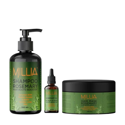 Millia Rosemary Hair Roots Booster Set – Rosemary Shampoo, Hair Mask & Nourishing Hair Oil – Complete Hair Care Set