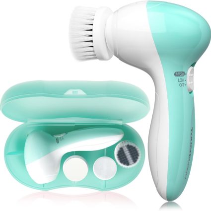 TOUCHBeauty TB0525A Facial Cleansing Brush Set – Electric 2-Speed Face Cleanser with 3 Interchangeable Brush Heads (Silicone Included), 360° Rotating, Battery Operated, Travel Case